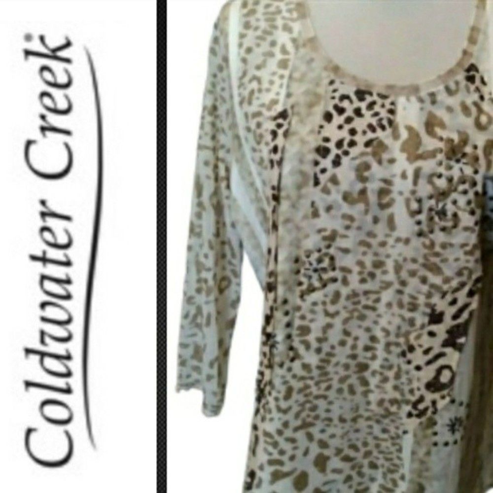 NWT TOP LEOPARD PRINT TAN WHITE MESH SLEEVE EMBELLISHED SZ L WOMEN LARGE